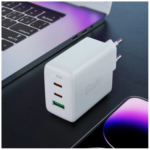 Acefast GaN Snabbladdare 2x USB-C USB-A QC4+ 65W - Vit