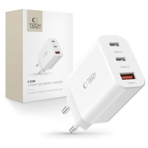 Tech-Protect Väggladdare 2x USB-C PD 30W / USB-A QC 3.0 - Vit